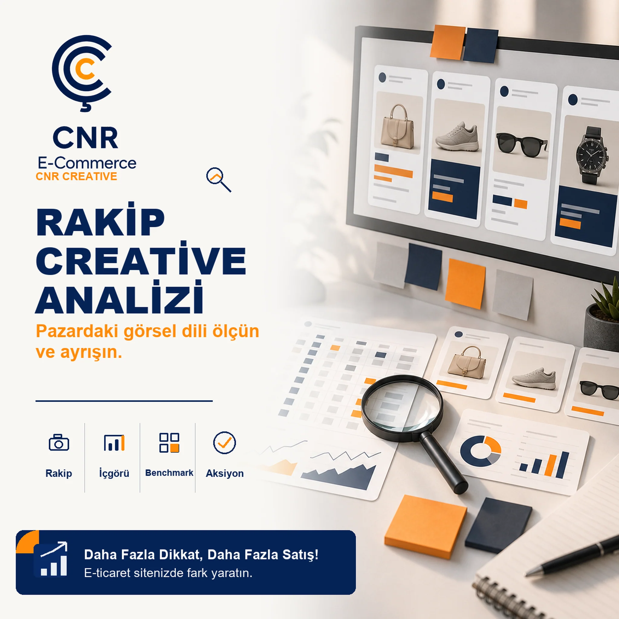Rakip Creative Analizi için rakip ürün sayfaları, bannerlar ve görsel karşılaştırma illüstrasyonu