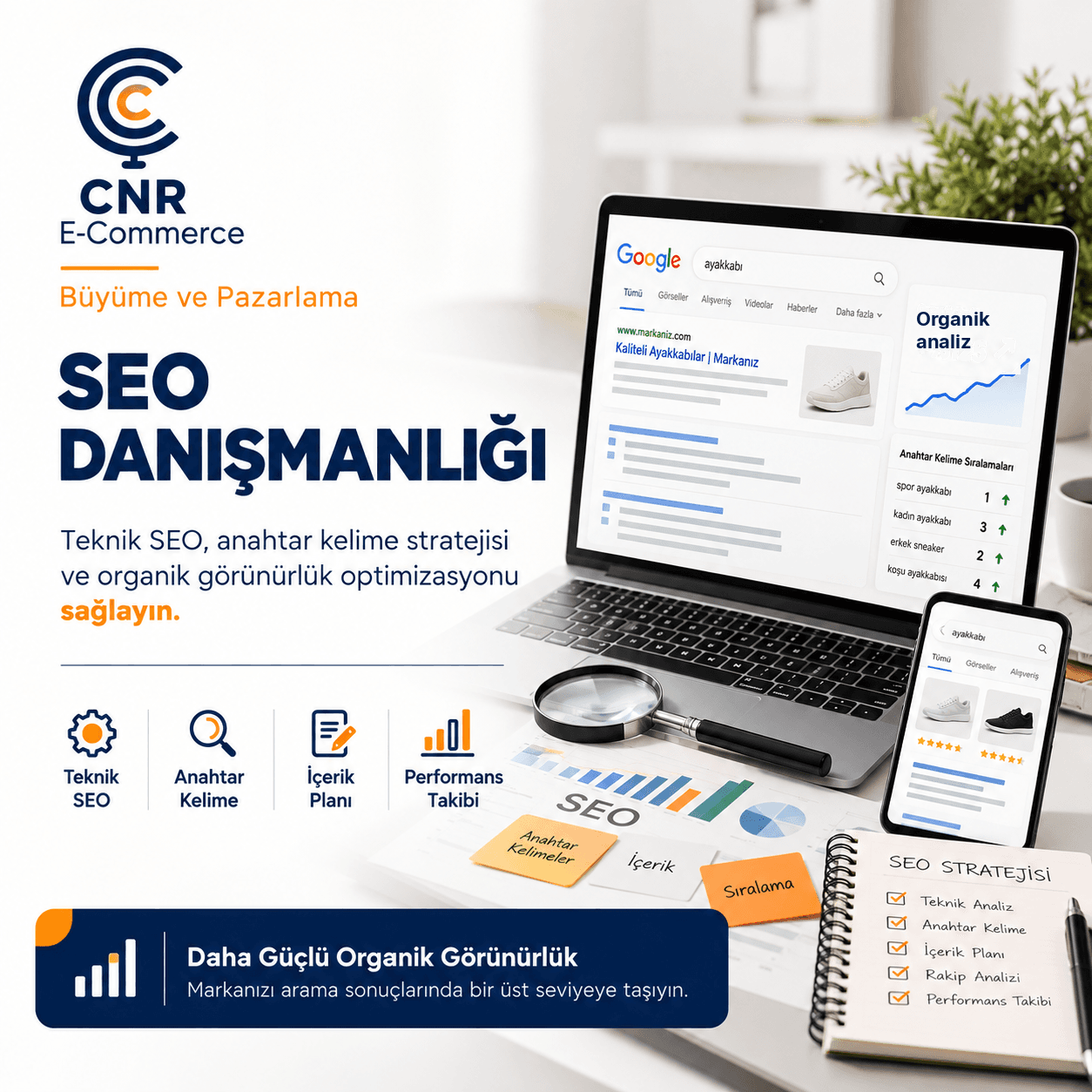 SEO danışmanlığı için arama sonuçları, teknik analiz ve organik görünürlük yerleşimi